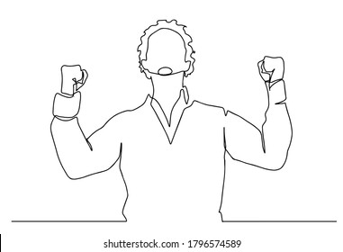 continuous line drawing of cheering man holding fists. Happy young man celebrating success one line drawing. Vector illustration.