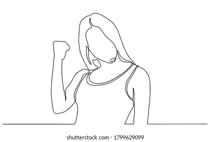 Continuous line drawing of cheering man holding fists. Happy young man celebrating success one line drawing. Vector illustration.