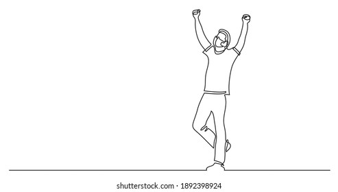 continuous line drawing of cheering man holding fists wearing face mask
