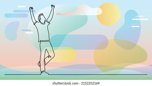 continuous line drawing of cheering man holding fists