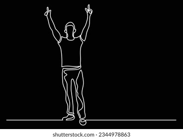 continuous line drawing of cheering man hands up