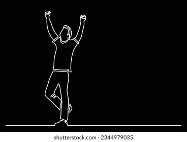continuous line drawing of cheering man holding fists