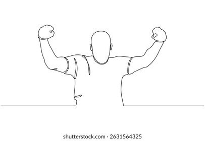 Desenho de linha contínua de aplaudindo homem segurando punhos, Um desenho de linha de aplaudindo homem de negócios segurando punhos. Uma linha de arte conceito de sucesso empresarial. Ilustração vetorial.