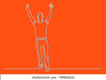 continuous line drawing of cheering man hands up