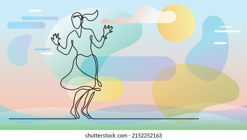 continuous line drawing of cheering woman in skirt