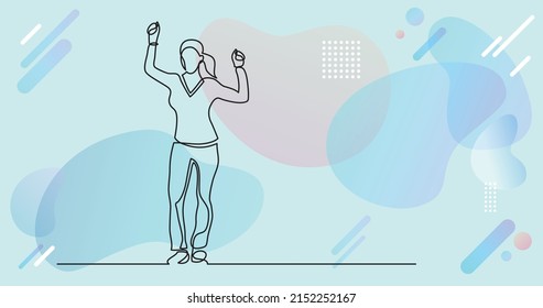 continuous line drawing of cheering woman holding fists