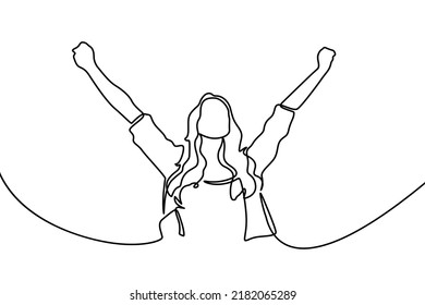 Continuous line drawing of cheering woman. Continuous one line drawing of woman rising hands up feeling happy and freedom. Cute girl feel free and young minimalism design isolated on white background.