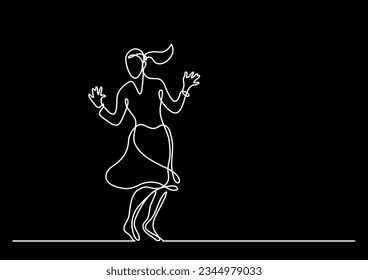 continuous line drawing of cheering woman in skirt