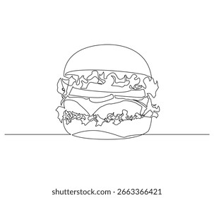 Kontinuierliche Linienzeichnung eines Käseburgers. Einzeilige Darstellung eines Käseburgers. National Cheese Burger Day Konzept. Bearbeitbare Gliederung
