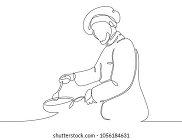 Continuous line drawing of chef cooking gourmet meal,chef preparing food.The cook prepares food in the kitchen
