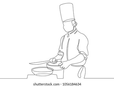 Continuous line drawing of chef cooking gourmet meal,chef preparing food.The cook prepares food in the kitchen