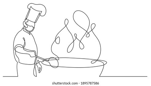 Continuous Line Drawing Of Chef Cooking Big Meal Wearing Face Mask