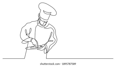 Continuous Line Drawing Of Chef Cooking Gourmet Meal Wearing Face Mask