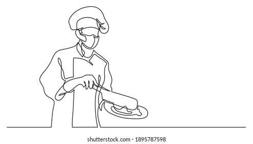 Continuous Line Drawing Of Chef Cooking Meal Wearing Face Mask