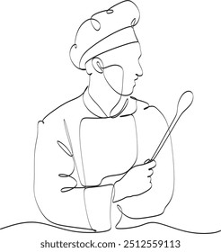 Continuous line drawing of chef cooking delicious gourmet food. Vector illustration without artificial intelligence