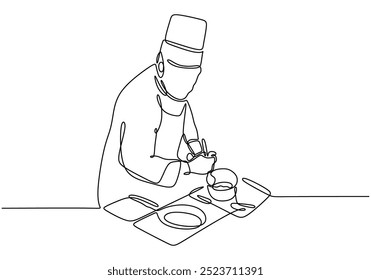 Dibujo de línea continua de un chef cocinando en la cocina. Un diseño de preparación de alimentos limpio y dinámico. Ilustración vectorial.