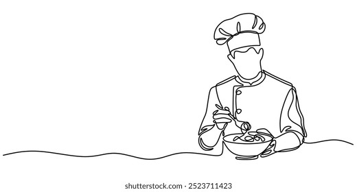 Desenho de linha contínua de um cozinheiro chef. Design minimalista mostrando um chef profissional em ação. Ilustração vetorial.