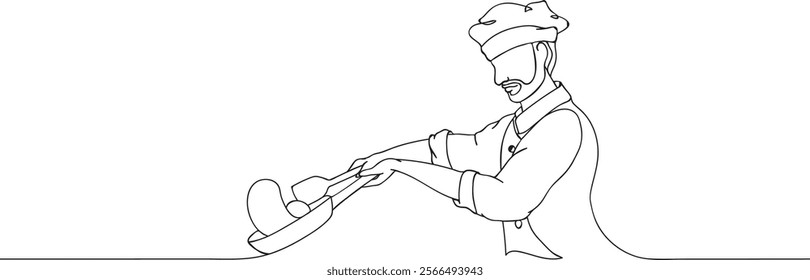 Continuous line drawing chef cooking on pan. vector illustration.