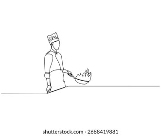 Dibujo continuo de la línea de cocinar del cocinero con la cacerola. Ilustración de una sola línea de chef flambe en la sartén. Profesional chef concepto de trabajo. Esquema editable