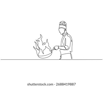 Desenho de linha contínua do cozinheiro chef com panela. Ilustração de linha única de chef flambe na panela. Conceito profissional de trabalho do chef. Estrutura de tópicos editável