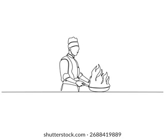Desenho de linha contínua do cozinheiro chef com panela. Ilustração de linha única de chef flambe na panela. Conceito profissional de trabalho do chef. Estrutura de tópicos editável