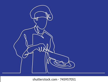 continuous line drawing of chef cooking meal