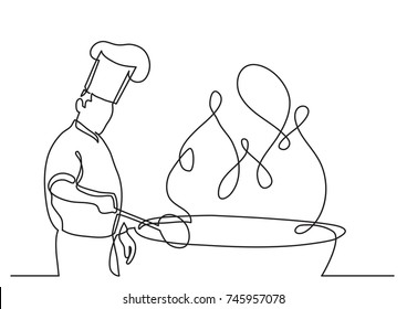 Continuous Line Drawing Of Chef Cooking Big Meal