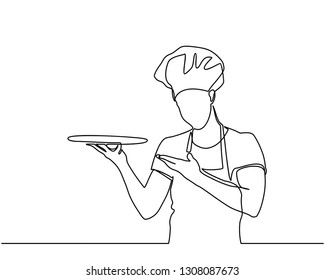 continuous line drawing of chef cooks or makes bread, toque chef hats isolated from white backgrounds. chef holds an empty empty round plate with a place for food. one line chef vector