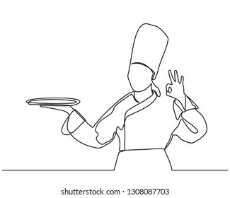 continuous line drawing of chef cooks or makes bread, toque chef hats isolated from white backgrounds. chef holds an empty empty round plate with a place for food. one line chef vector