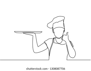 continuous line drawing of chef cooks or makes bread, toque chef hats isolated from white backgrounds. chef holds an empty empty round plate with a place for food. one line chef vector