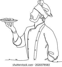 continuous line drawing of chef cooks or makes bread, toque chef hats isolated from white backgrounds. chef holds an empty empty round plate with a place for food. one line chef vector