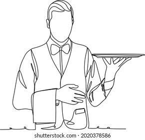 continuous line drawing of chef cooks or makes bread, toque chef hats isolated from white backgrounds. chef holds an empty empty round plate with a place for food. one line chef vector