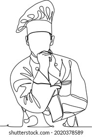 continuous line drawing of chef cooks or makes bread, toque chef hats isolated from white backgrounds. chef holds an empty empty round plate with a place for food. one line chef vector