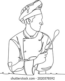 continuous line drawing of chef cooks or makes bread, toque chef hats isolated from white backgrounds. chef holds an empty empty round plate with a place for food. one line chef vector