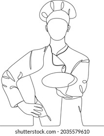 continuous line drawing of chef cooks or makes bread, toque chef hats isolated from white backgrounds.