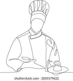 continuous line drawing of chef cooks or makes bread, toque chef hats isolated from white backgrounds.