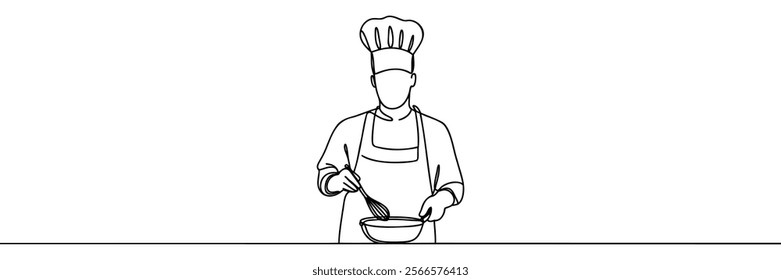 continuous line drawing of chef cooks or makes bread, toque chef hats isolated from white backgrounds.