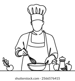 continuous line drawing of chef cooks or makes bread, toque chef hats isolated from white backgrounds.