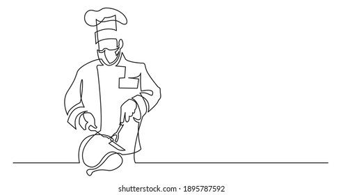 Continuous Line Drawing Of Chef Cutting Turkey Wearing Face Mask