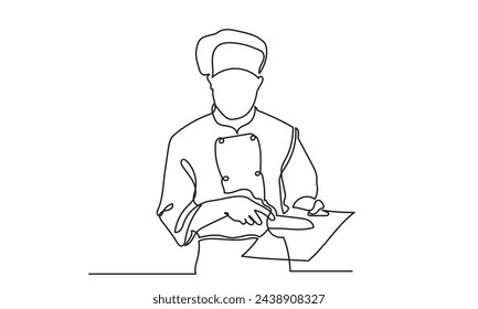 continuous line drawing chef cutting something by knife standing. Single-line chef cooking meal concept.vector illustration.
