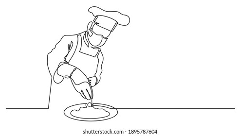 Continuous Line Drawing Of Chef Finishing Meal Preparation Wearing Face Mask