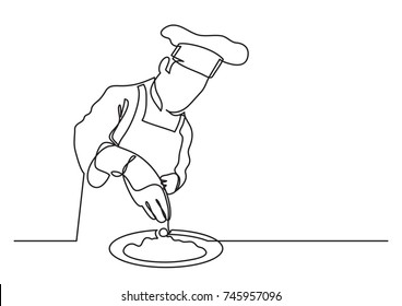 continuous line drawing of chef finishing meal preparation