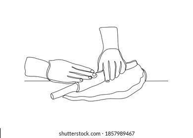 Continuous line drawing of chef hand rolling bakery pizza dough use wooden rolling pins. One line concept of bake receipt cooking. Vector illustration