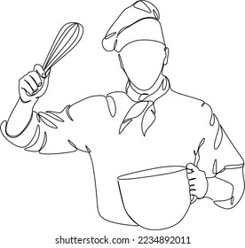 Continuous line drawing of chef, chef hats isolated on white background. Cooks hold a plate with space for food. One line chef vector