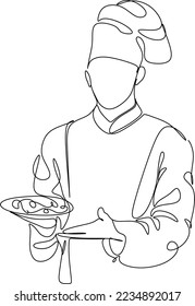 Continuous line drawing of chef, chef hats isolated on white background. Cooks hold a plate with space for food. One line chef vector