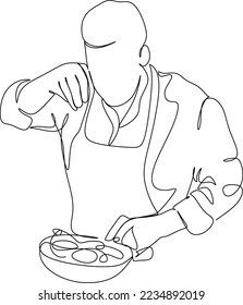 Continuous line drawing of chef, chef hats isolated on white background. Cooks hold a plate with space for food. One line chef vector