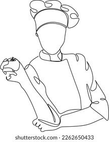 Continuous line drawing of chef, chef hats isolated on white background. Cooks hold a plate with space for food. One line chef vector