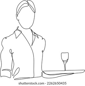 Continuous line drawing of chef, chef hats isolated on white background. Cooks hold a plate with space for food. One line chef vector