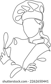 Continuous line drawing of chef, chef hats isolated on white background. Cooks hold a plate with space for food. One line chef vector