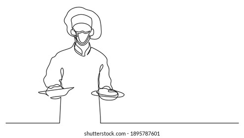 Continuous Line Drawing Of Chef Holding Two Meals Wearing Face Mask